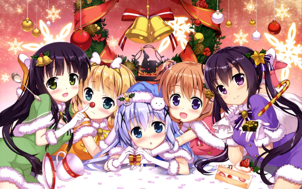 8K Ultra HD anime wallpaper featuring Cocoa Hoto, Chiya Ujimatsu, Tippy, Rize Tedeza, Sharo Kirima, and Chino Kafū from Is the Order a Rabbit, in festive holiday attire.
