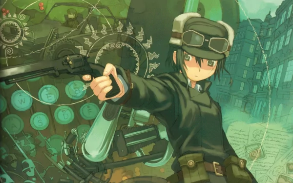 An HD desktop wallpaper featuring a character from Kino's Journey, holding a gun against a vibrant, intricate background filled with gears and symbols.