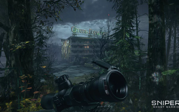 HD PC desktop wallpaper featuring a misty forest scene from the video game Sniper: Ghost Warrior 3, highlighting a sniper rifle scope aimed at a distant building.