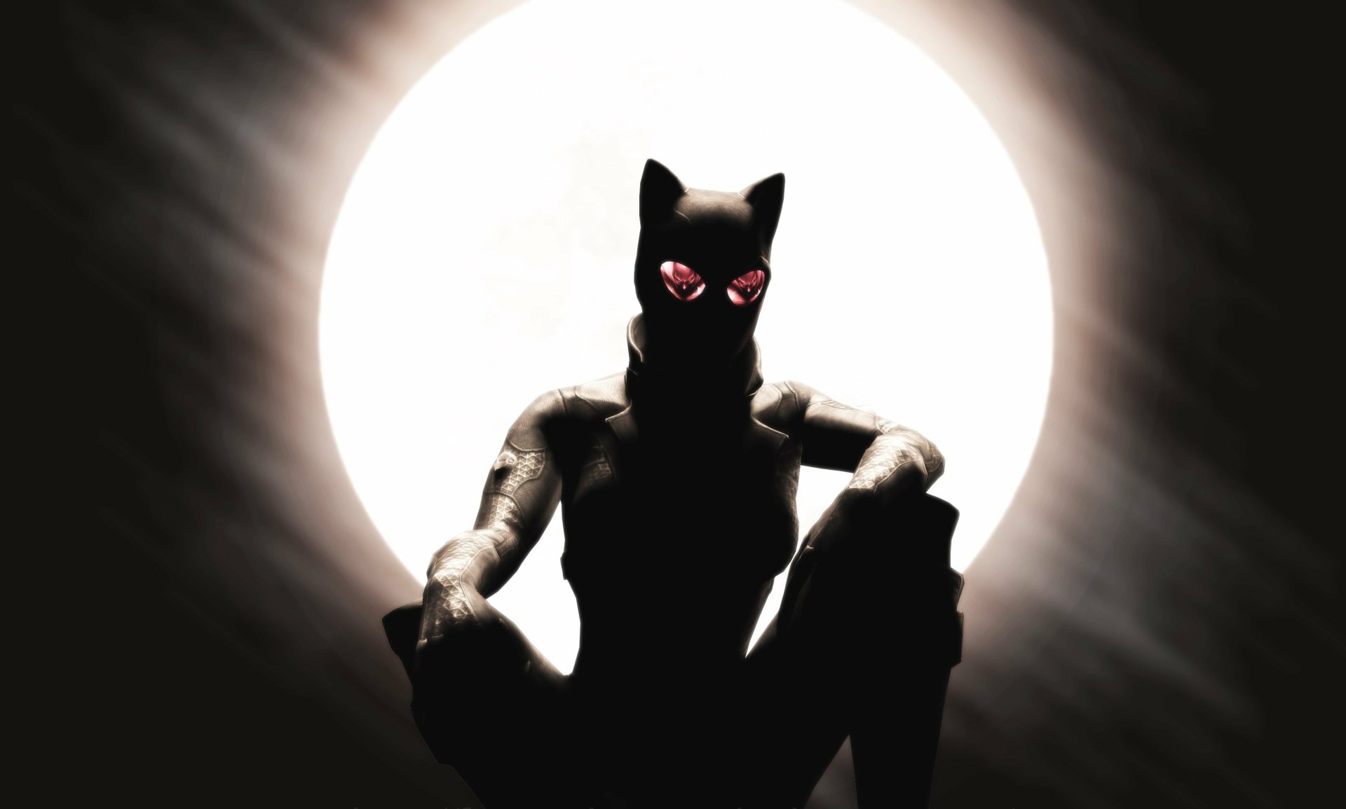 HD PC desktop wallpaper featuring a comic-style Catwoman silhouetted against a bright full moon with glowing eyes in a dark, moody atmosphere.