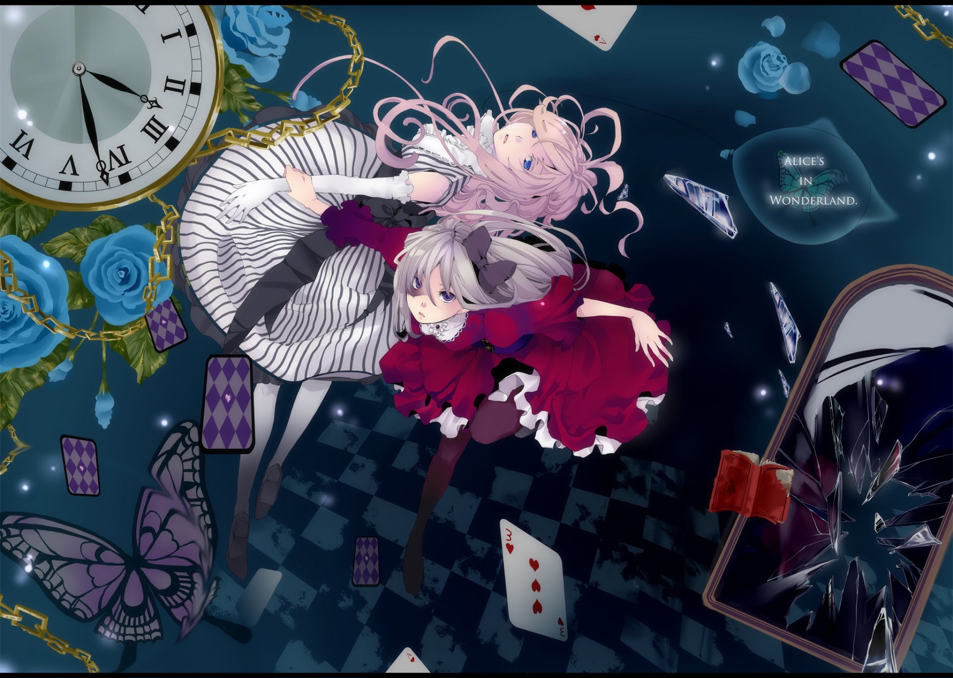 A vibrant HD desktop wallpaper featuring anime characters inspired by Alice in Wonderland, set against a whimsical backdrop with roses, playing cards, and a clock.