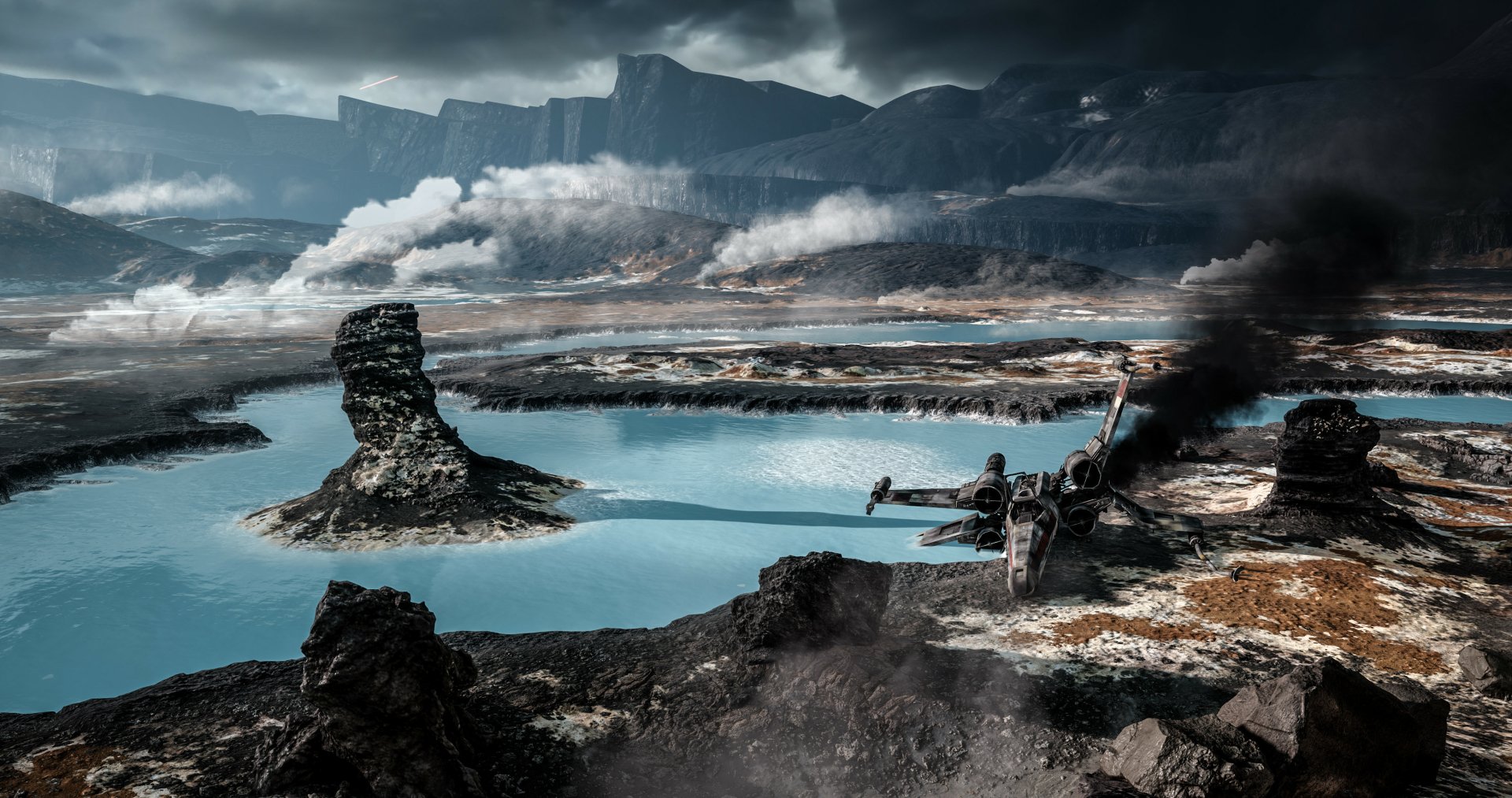 4K Ultra HD PC wallpaper featuring an X-Wing in a dramatic landscape from the Star Wars Battlefront (2015) video game.