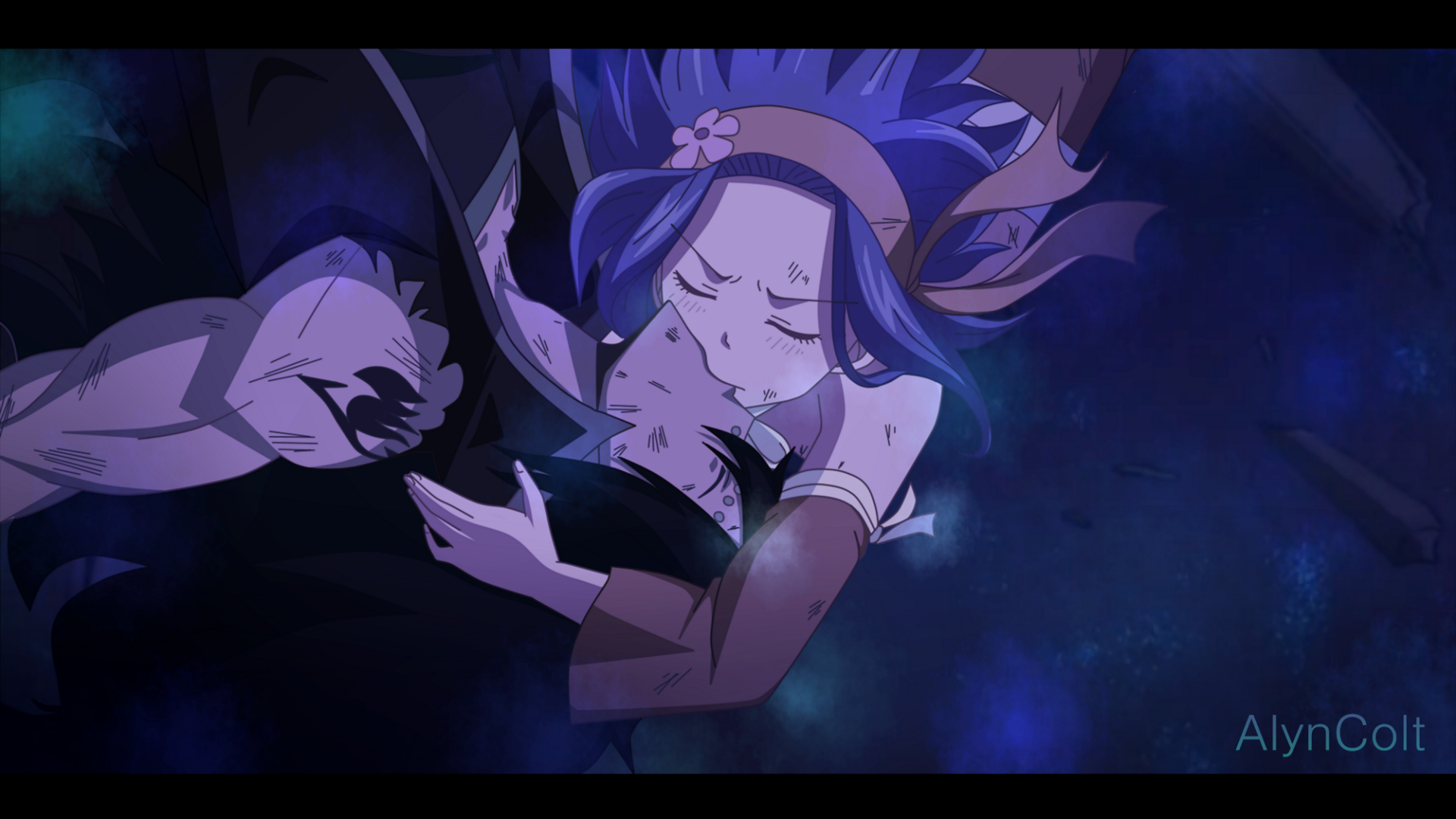 Gajeel Redfox and Levy McGarden from the anime Fairy Tail share an intimate moment in this HD desktop wallpaper, featuring a captivating blend of emotions and vibrant colors.