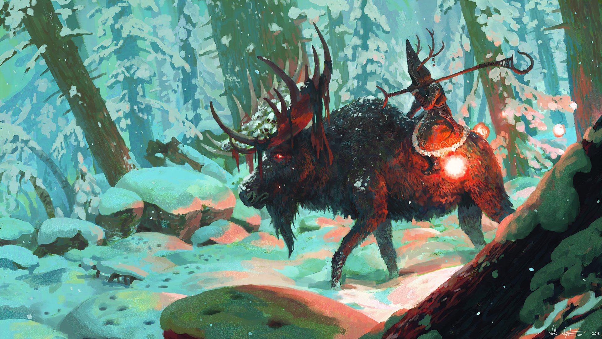 A fantasy warrior rides a large deer through a snowy winter forest, with glowing orbs illuminating their path. This HD wallpaper and background exudes a magical, adventurous atmosphere.