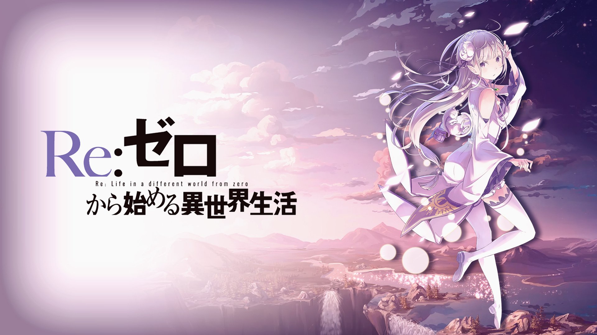 HD wallpaper featuring Emilia from the anime Re:ZERO - Starting Life in Another World, showcasing a vibrant fantasy landscape and the series' iconic title.