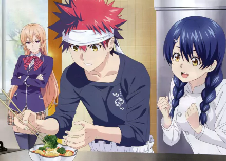 A vibrant 4K Ultra HD wallpaper featuring Sōma Yukihira cooking, alongside Megumi Tadokoro and Erina Nakiri, from the anime Food Wars: Shokugeki no Soma.