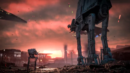 An HD wallpaper depicting AT-ST and AT-AT walkers amidst a sunset battlefield, inspired by Star Wars Battlefront (2015), capturing a dramatic, cinematic atmosphere.