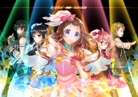 A vibrant HD wallpaper featuring characters from the anime Beyond the Boundary, showcasing a colorful display of light and energy with expressive poses and dynamic backgrounds.