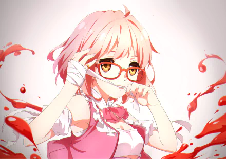 A vibrant HD wallpaper featuring Mirai Kuriyama from the anime Beyond the Boundary, showcasing her striking pink hair and glasses against a backdrop of flowing red.