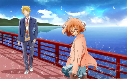 HD anime wallpaper of Akihito Kanbara and Mirai Kuriyama from Beyond the Boundary standing on a red bridge with a scenic lake and blue sky in the background.