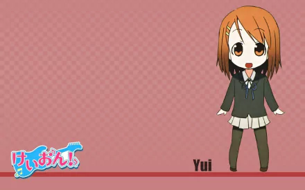 Chibi Yui Hirasawa (K-ON!) stands at the right of a pink patterned HD PC desktop wallpaper, with the K-ON! logo in the lower-left and Yui labeled along the bottom.