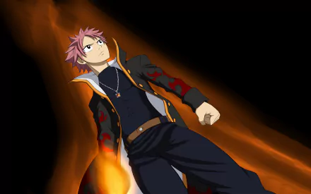 Natsu Dragneel from the anime Fairy Tail stands confidently against a backdrop of fiery flames, featured in this HD desktop wallpaper.