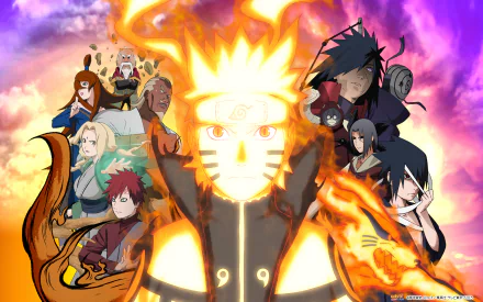 HD desktop wallpaper featuring iconic characters from Naruto: Kabuto Yakushi, Sasuke Uchiha, Itachi Uchiha, Obito Uchiha, Madara Uchiha, Gaara, and Naruto Uzumaki. Stunning anime backdrop for fans.