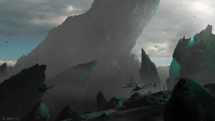 A futuristic vehicle rests in a dramatic Sci-Fi landscape, featuring towering rock formations under a moody sky, creating a captivating HD desktop wallpaper.