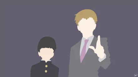 Minimalist HD wallpaper featuring Arataka Reigen in a suit with a tie and Shigeo Kageyama, showcasing their distinct blonde and black hair, respectively, from the anime Mob Psycho 100.