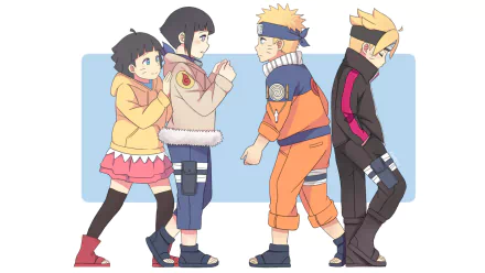 HD desktop wallpaper featuring anime characters Hinata Hyuga, Naruto Uzumaki, Himawari Uzumaki, and Boruto Uzumaki from Boruto, standing in a line against a blue background.