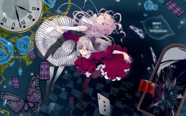 A vibrant HD desktop wallpaper featuring anime characters inspired by Alice in Wonderland, set against a whimsical backdrop with roses, playing cards, and a clock.