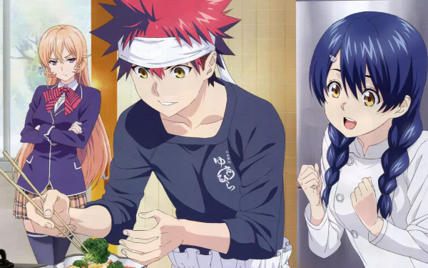 A vibrant 4K Ultra HD wallpaper featuring Sōma Yukihira cooking, alongside Megumi Tadokoro and Erina Nakiri, from the anime Food Wars: Shokugeki no Soma.
