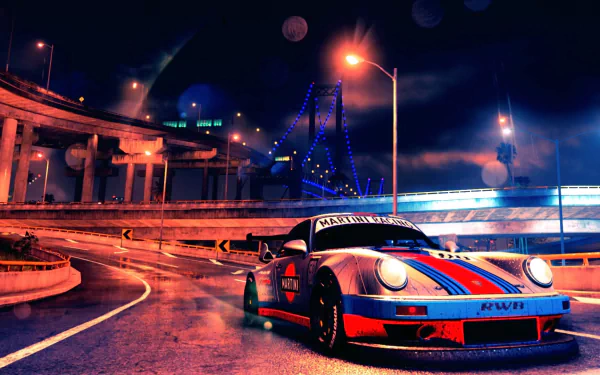 HD desktop wallpaper featuring a Porsche 911 RSR racing through a neon-lit urban highway, inspired by the Need For Speed (2015) video game.