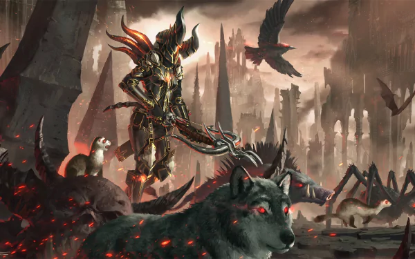 A Demon Hunter from Diablo III in detailed armor wields a crossbow amid a fiery, ruined landscape, accompanied by a large wolf and a flying raven.