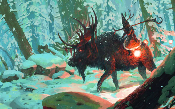 A fantasy warrior rides a large deer through a snowy winter forest, with glowing orbs illuminating their path. This HD wallpaper and background exudes a magical, adventurous atmosphere.