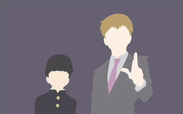 Minimalist HD wallpaper featuring Arataka Reigen in a suit with a tie and Shigeo Kageyama, showcasing their distinct blonde and black hair, respectively, from the anime Mob Psycho 100.