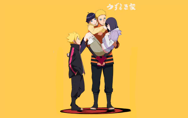 HD desktop wallpaper featuring Hinata Hyuga, Naruto Uzumaki, Himawari Uzumaki, and Boruto Uzumaki from the anime Boruto on a yellow background.