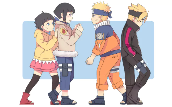 HD desktop wallpaper featuring anime characters Hinata Hyuga, Naruto Uzumaki, Himawari Uzumaki, and Boruto Uzumaki from Boruto, standing in a line against a blue background.