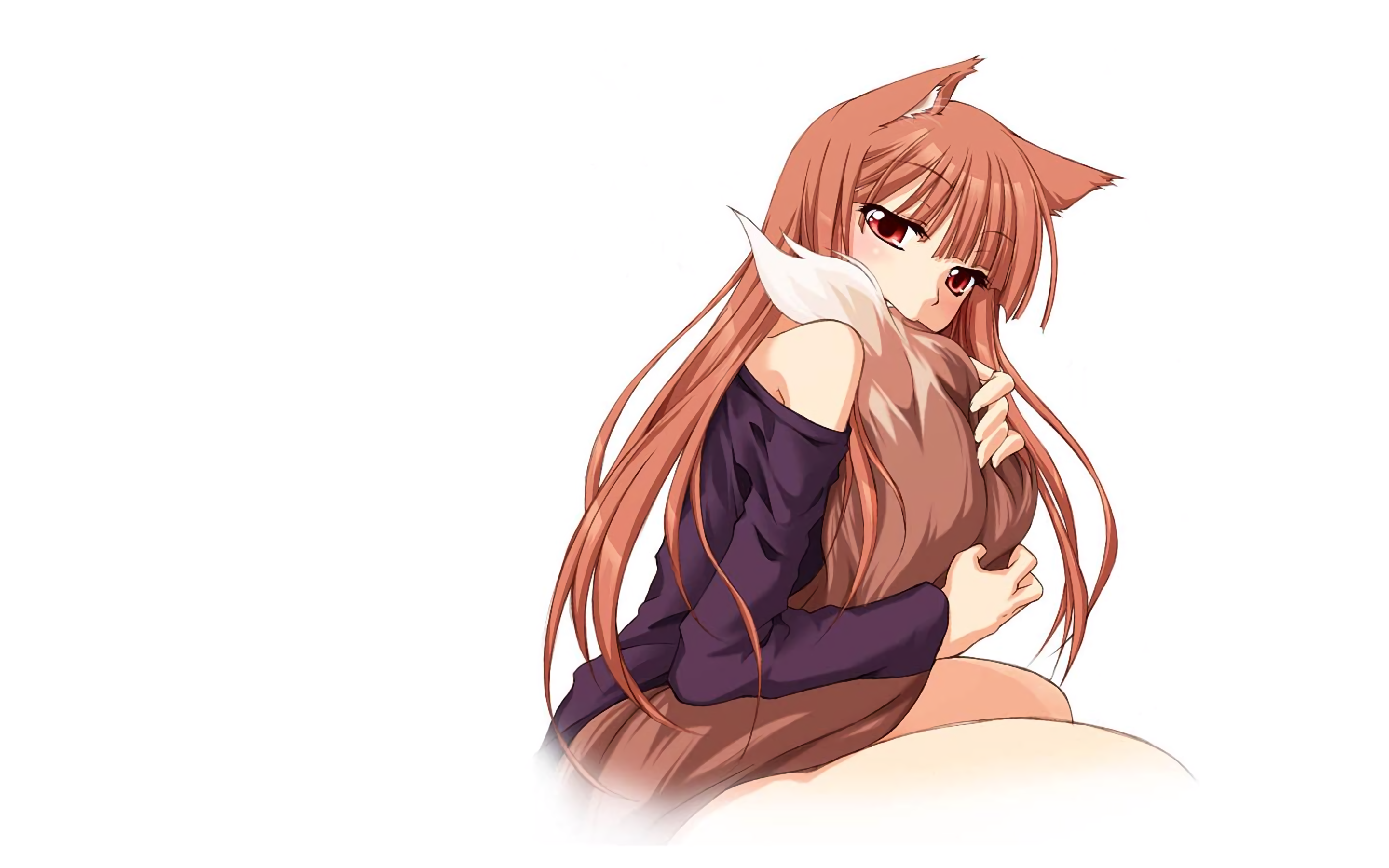 Red-eyed girl with long brown hair, animal ears, and a tail from Holo (Spice & Wolf).