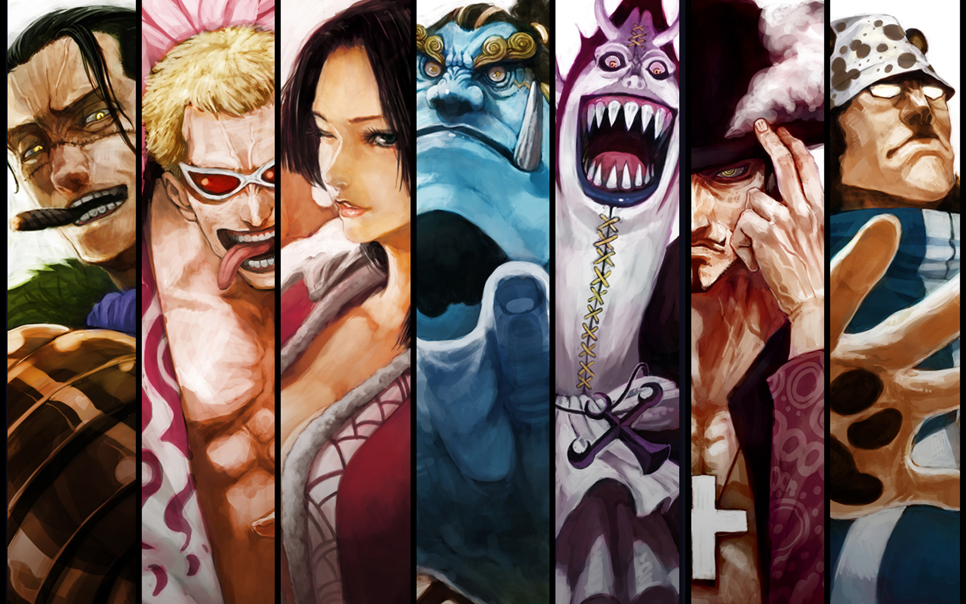 Shichibukai from One Piece, including Crocodile, Doflamingo, Hancock, Jinbe, Moriah, Mihawk, and Kuma.