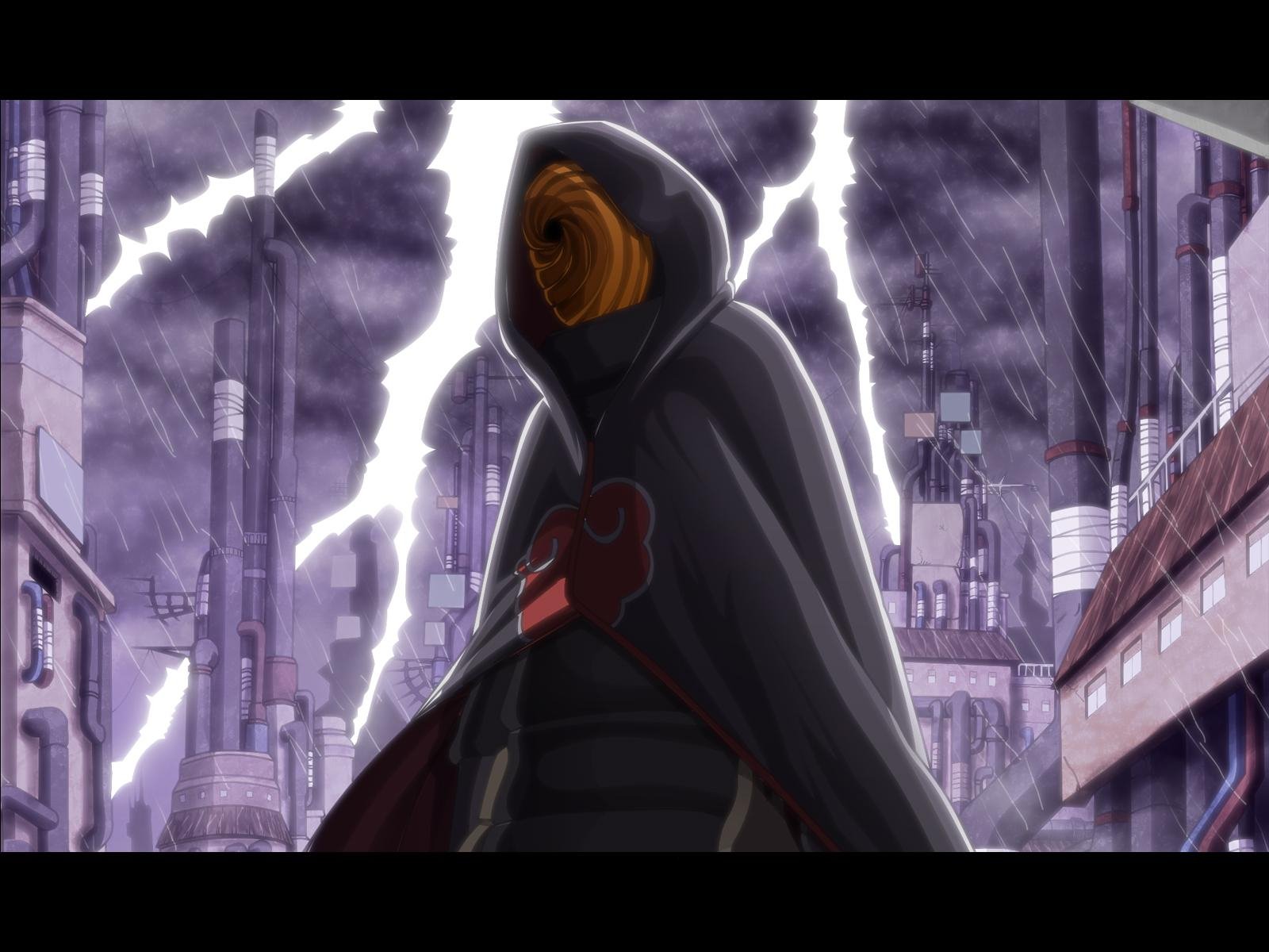 HD wallpaper featuring Obito Uchiha from Naruto standing against a stormy industrial backdrop with lightning splitting the sky.