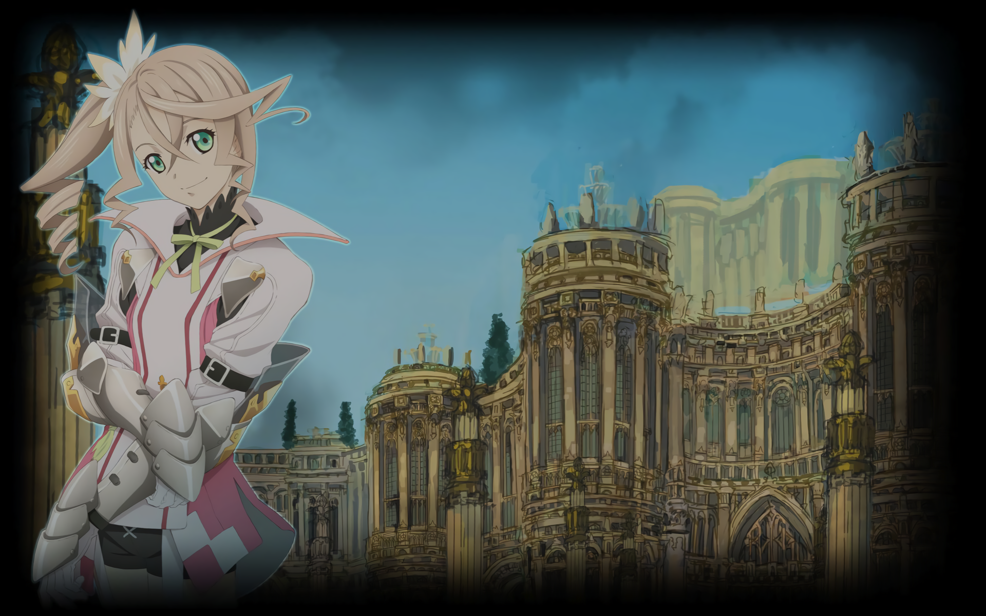 Anime character Alisha Diphda from Tales of Zestiria the X stands in front of an elaborate architectural background, captured in a vibrant HD desktop wallpaper.