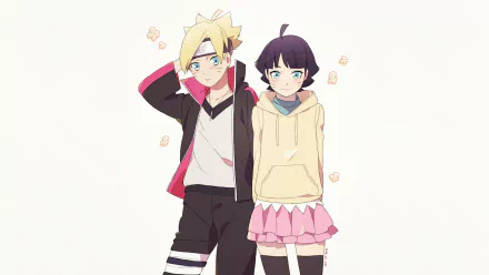 HD wallpaper featuring Himawari Uzumaki and Boruto Uzumaki from the anime Boruto, showcasing a vibrant and cheerful moment between the characters.