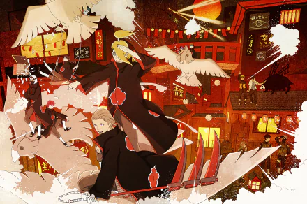 HD desktop wallpaper featuring Naruto characters including Akatsuki members like Obito Uchiha, Kisame Hoshigaki, and Deidara, alongside Sakura Haruno, Kakashi Hatake, Naruto Uzumaki, and Sasuke Uchiha.