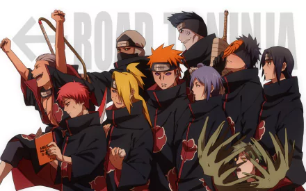 An HD desktop wallpaper featuring members of the Akatsuki from Naruto, including Itachi Uchiha, Obito Uchiha, Kisame Hoshigaki, Konan, Pain, Hidan, Deidara, Sasori, Kakuzu, and Zetsu, standing together.