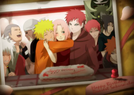A happy birthday celebration featuring Naruto Uzumaki, Sakura Haruno, Gaara, Sasuke Uchiha, Jiraiya, Killer Bee, and Zetsu from Naruto. The friends gather around a cake in this vibrant anime desktop wallpaper.