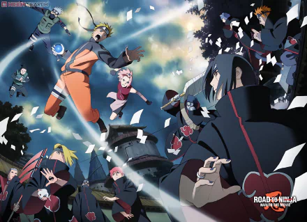 HD desktop wallpaper featuring characters from the anime Naruto, including Naruto Uzumaki, Kakashi Hatake, Sakura Haruno, and members of the Akatsuki, set against a dramatic sky.