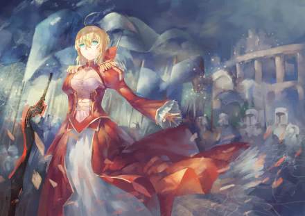A vibrant HD desktop wallpaper featuring Red Saber from Fate/Extra, showcasing her in a dramatic pose amidst a mystical background with scattered figures.