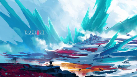 HD PC desktop wallpaper showcasing a dramatic Duelyst video game scene with icy blue shards and a lone figure facing a distant fortress under a vibrant sky.