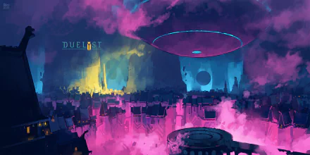 HD PC desktop wallpaper featuring a vibrant, futuristic cityscape from the video game Duelyst with glowing neon lights and a hovering circular structure in the sky.