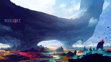 Duelyst video game HD PC desktop wallpaper/background: sweeping surreal coastal landscape with a colossal arching rock, vibrant red and teal flora and distant cliffs under bright skies.
