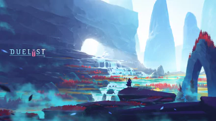 HD desktop wallpaper from the video game Duelyst, featuring a vibrant, futuristic landscape with towering rock formations and glowing red accents.
