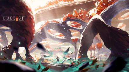 HD PC desktop wallpaper featuring a dramatic scene from the video game Duelyst, showcasing a lone figure confronting massive serpent-like creatures amidst a fiery landscape.