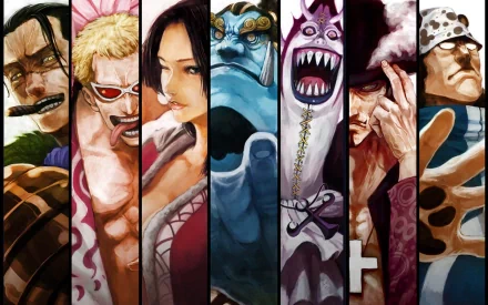 HD wallpaper of Shichibukai characters from One Piece: Bartholomew Kuma, Dracule Mihawk, Gekko Moriah, Jinbe, Boa Hancock, Donquixote Doflamingo, and Crocodile, in a vibrant and detailed anime style.