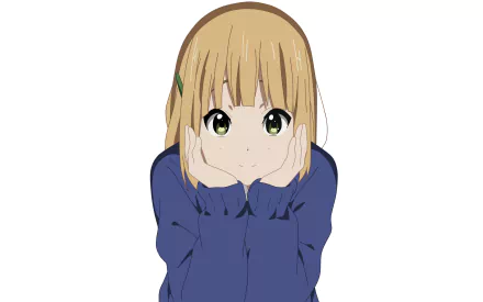 Anime HD PC desktop wallpaper featuring a character from Tamako Market with light brown hair and green eyes, resting her face in her hands against a plain white background.
