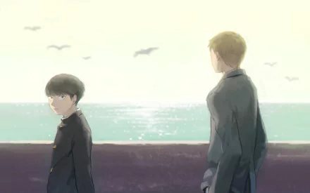 HD anime desktop wallpaper featuring Arataka Reigen and Shigeo Kageyama from Mob Psycho 100 standing by the seaside under a soft, glowing sky.