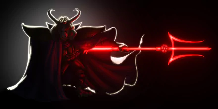 HD desktop wallpaper featuring Asgore from the video game Undertale, depicted in a dark setting wielding a glowing red trident.