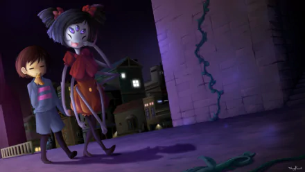Muffet and Frisk from Undertale stroll together under a nighttime sky, with Muffet playfully eating a croissant, showcasing her fangs, brown and black hair, and striking purple eyes.