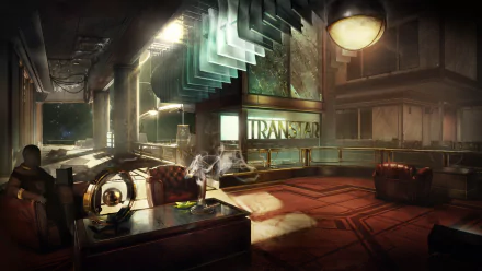4K Ultra HD desktop wallpaper from the video game Prey, featuring a dimly lit, futuristic interior with vintage furniture and a glowing TRANSFER sign.