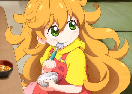 HD anime desktop wallpaper featuring Tsumugi Inuzuka from Sweetness and Lightning, smiling warmly while holding a bowl and fork.